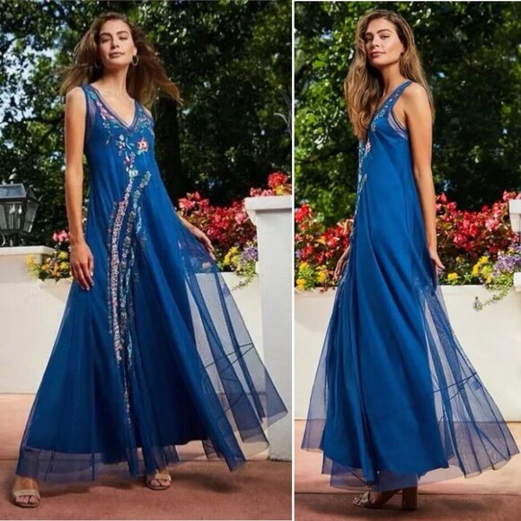 JOHNNY WAS Mazzy Maxi DRESS Size XS Embroidered Mesh V-Neck Sleeveless NEW $318 - Picture 1 of 11